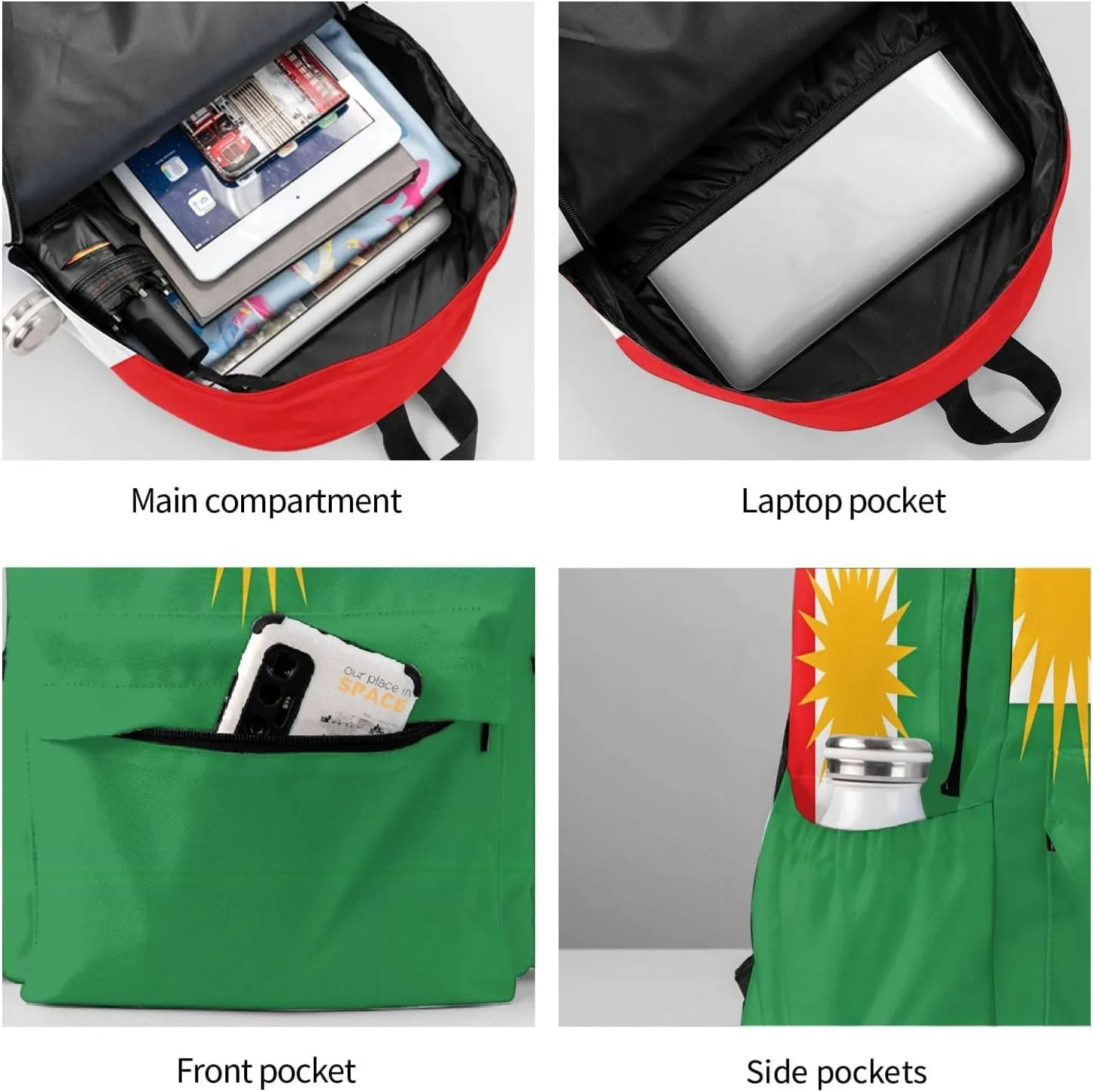 Kurdistan Flag Large Travel Backpack Casual Backpacks Laptop Daypack Working Rucksack Lightweight Back Pack Sports Bag with Adjustable Shoulder Strap
