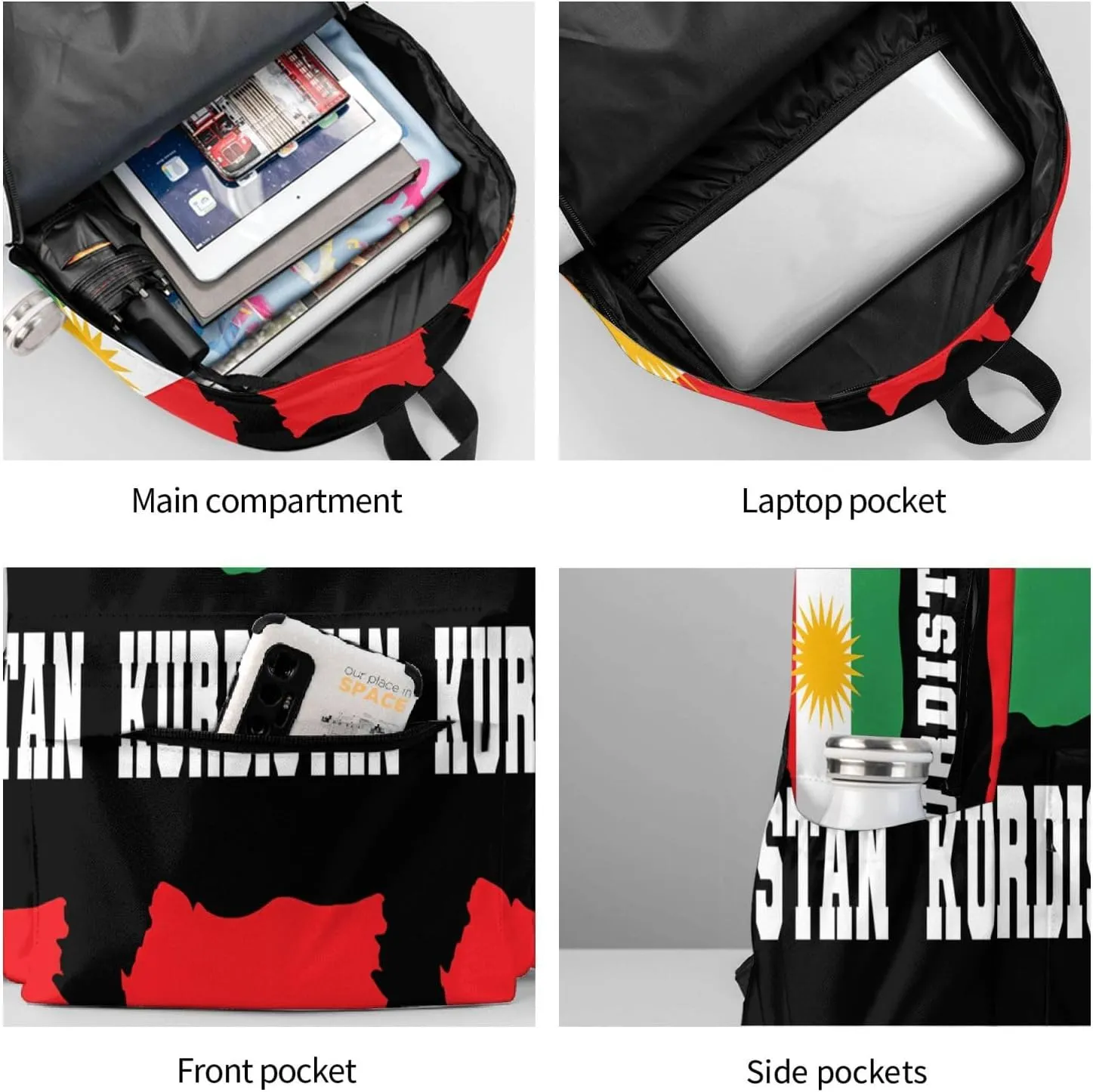 Kurdistan Kurdish Flag Large Travel Backpack Casual Backpacks Laptop Daypack Working Rucksack Lightweight Back Pack Sports Bag with Adjustable Shoulder Strap