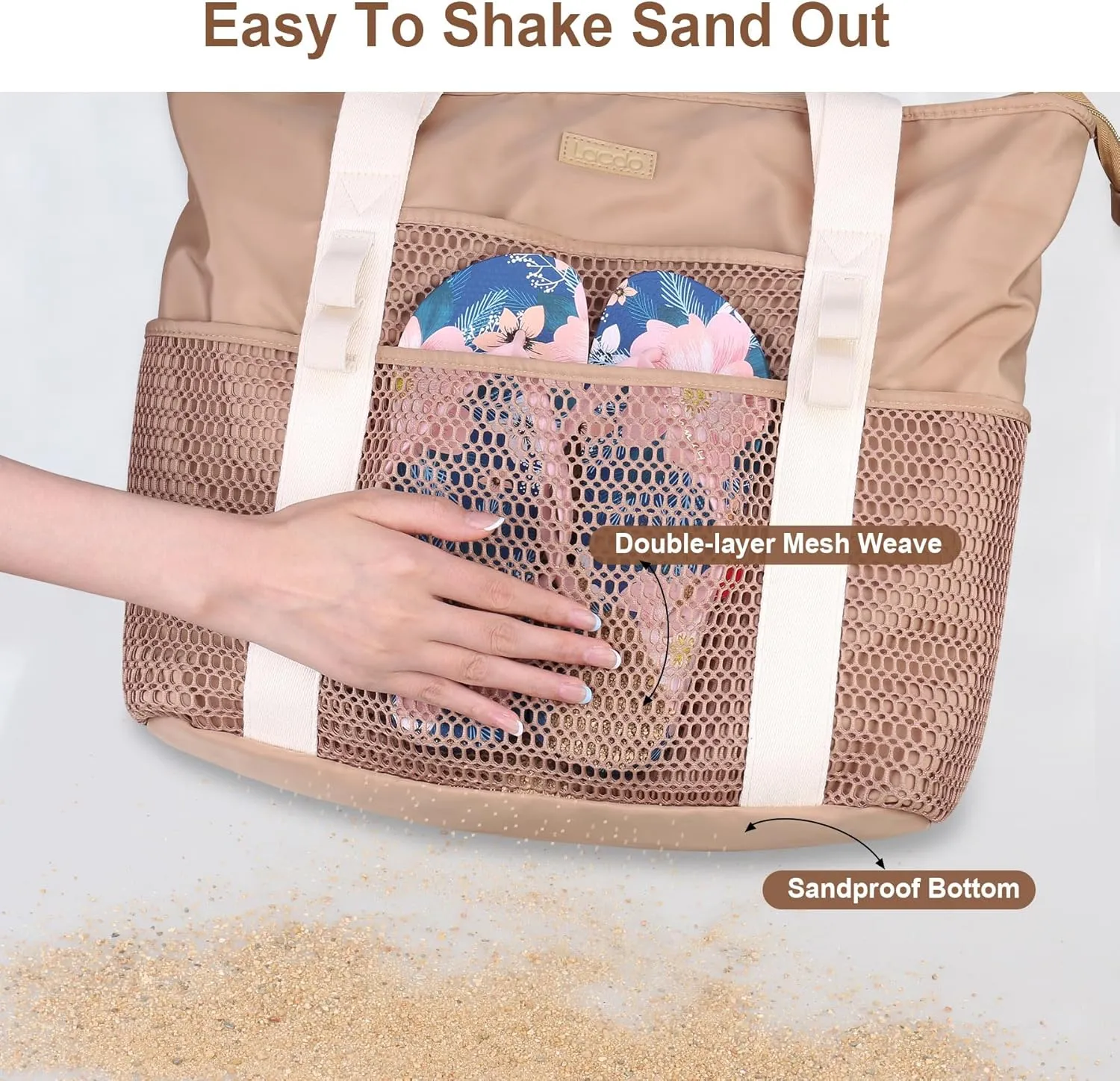 Lacdo Beach Bag for Women, Beach Tote Bag for Women Waterproof Sandproof Foldable Pool Bag for Travel Beach Vacation Pool