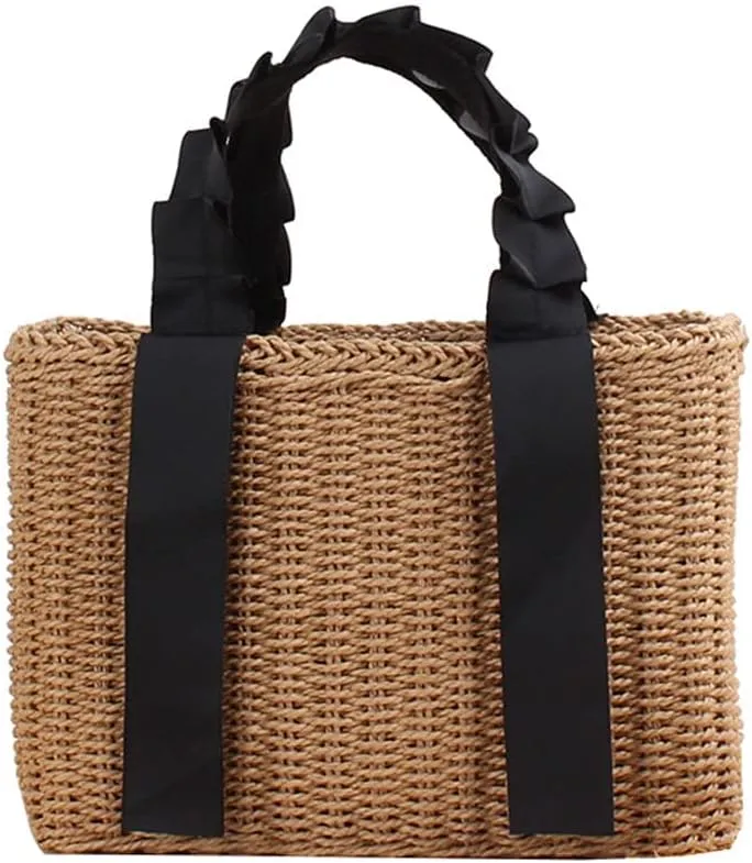 Lady Black Lace Ribbon Handbag Beige Rattan Weaving Hard Hand Woven Bag Brown