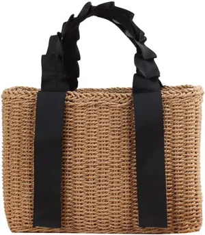Lady Black Lace Ribbon Handbag Beige Rattan Weaving Hard Hand Woven Bag Brown