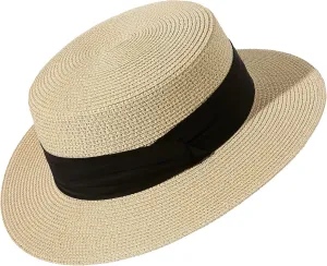 Lanzom Sun Hats for Women Wide Brim Straw Boater Hat Foldable Packable Beach Hat for Summer Fit Size 6 8/7-7 1/4