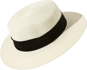 Lanzom Sun Hats for Women Wide Brim Straw Boater Hat Foldable Packable Beach Hat for Summer Fit Size 6 8/7-7 1/4