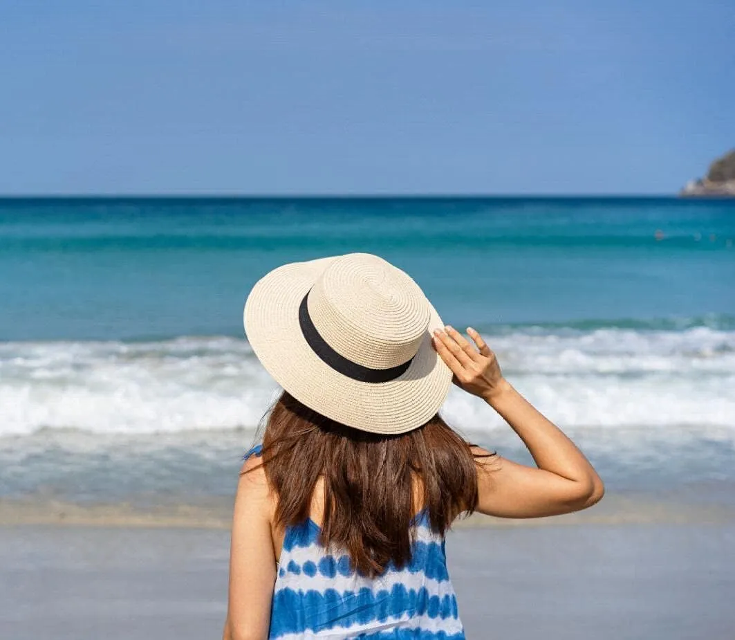 Lanzom Sun Hats for Women Wide Brim Straw Boater Hat Foldable Packable Beach Hat for Summer Fit Size 6 8/7-7 1/4