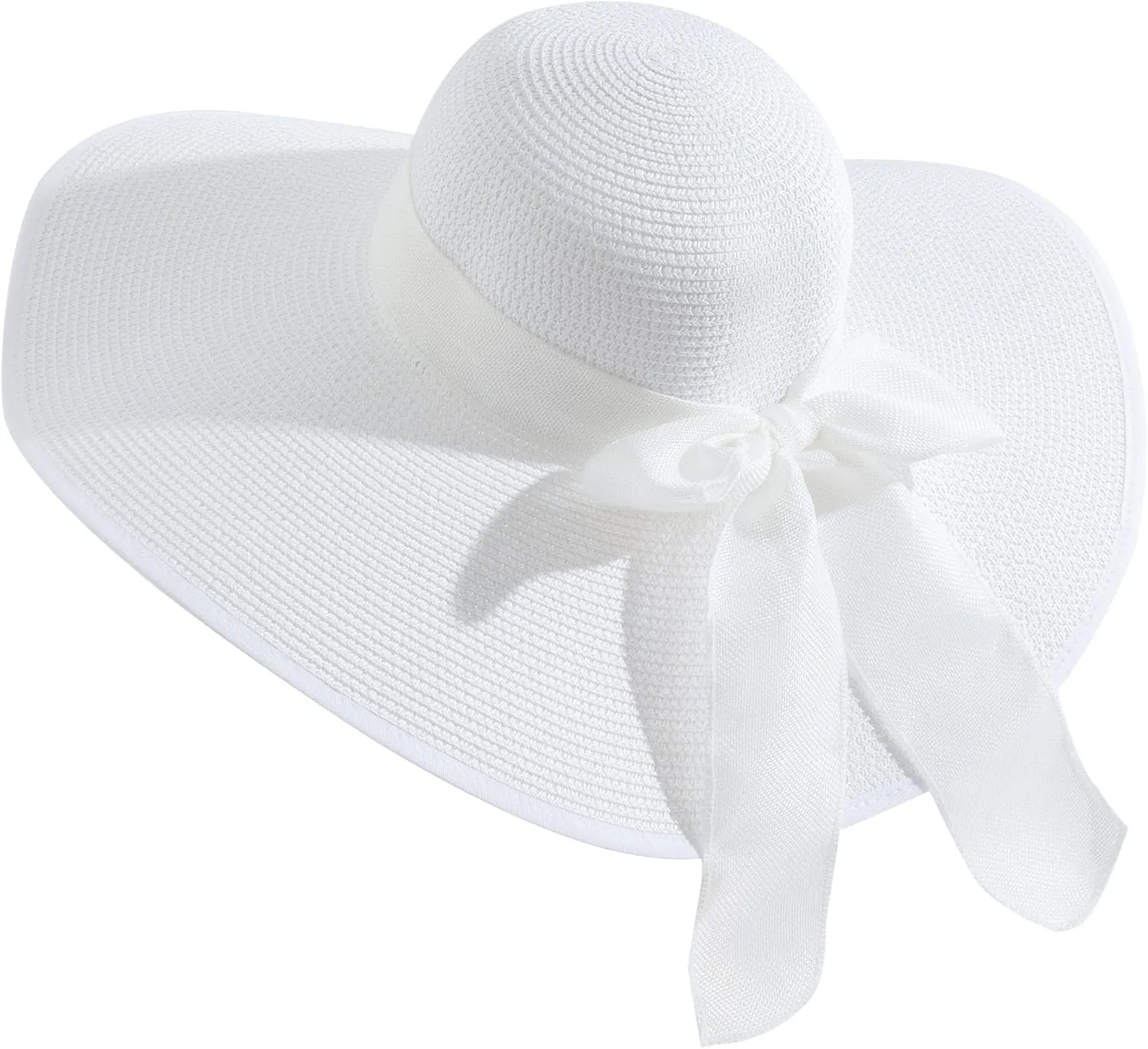 Lanzom Womens 5.7 Inches Big Bowknot Straw Hat Large Floppy Foldable Roll up Beach Cap Sun Hat UPF 50 