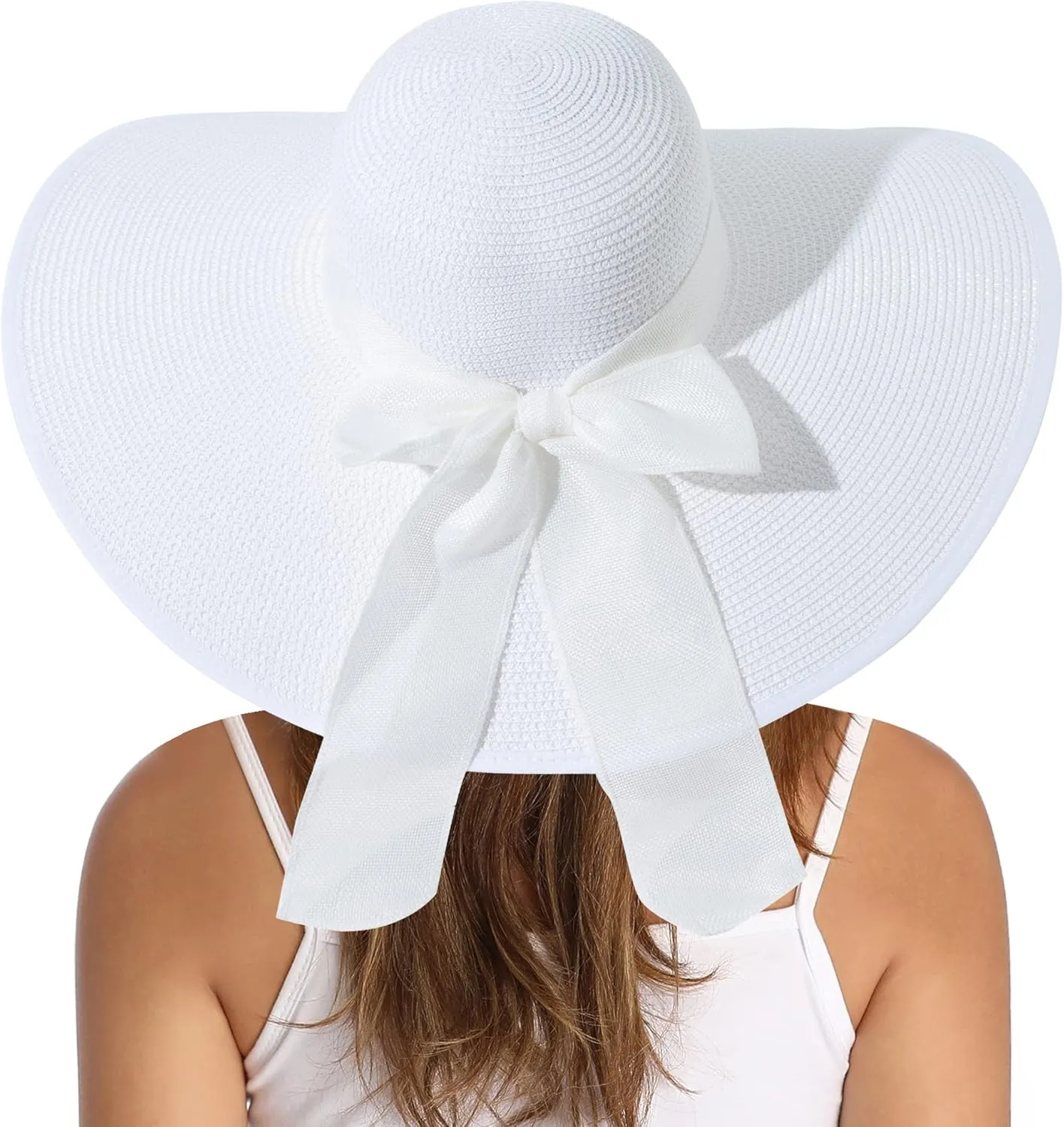Lanzom Womens 5.7 Inches Big Bowknot Straw Hat Large Floppy Foldable Roll up Beach Cap Sun Hat UPF 50 