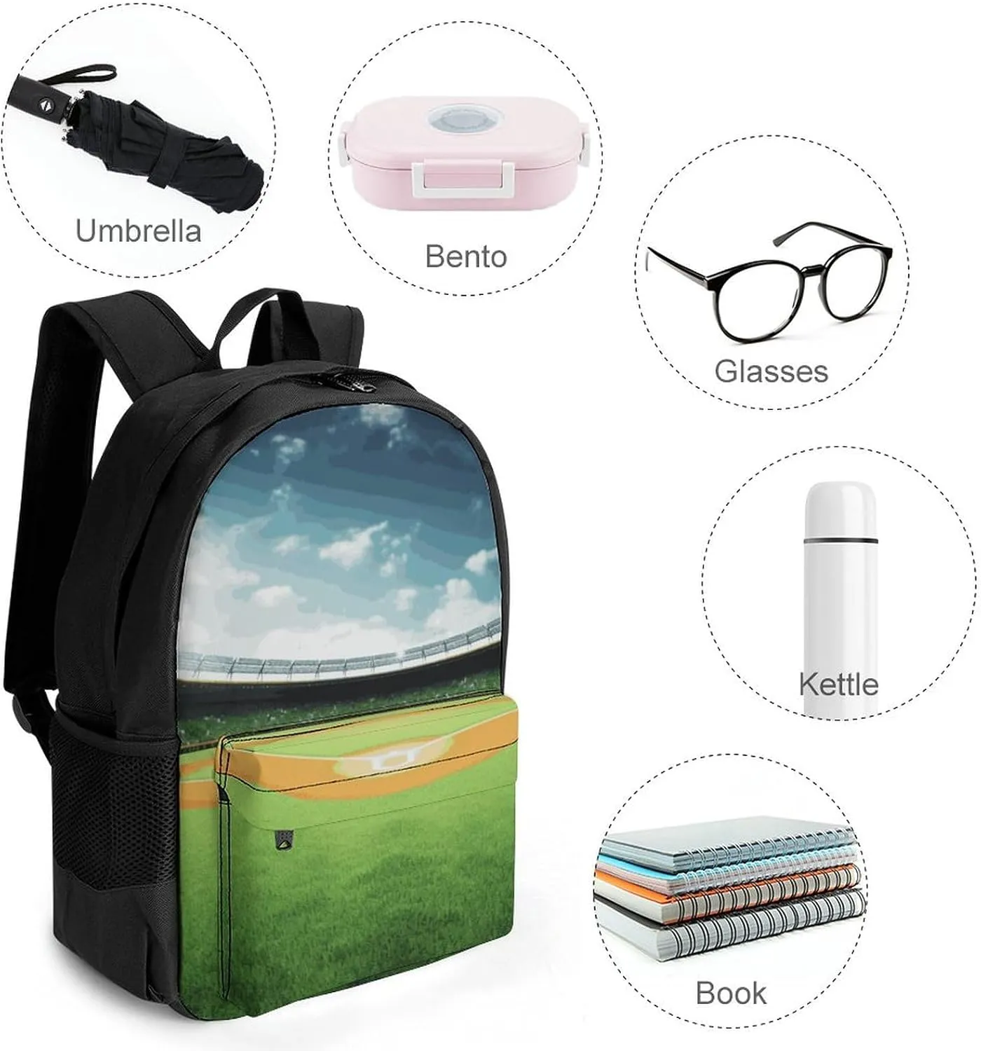 Laptop Backpack for Women Men Daypack Green Baseball Field Backdrop Backpacks Computer Bag Travel Laptop Bag Casual Work Bag