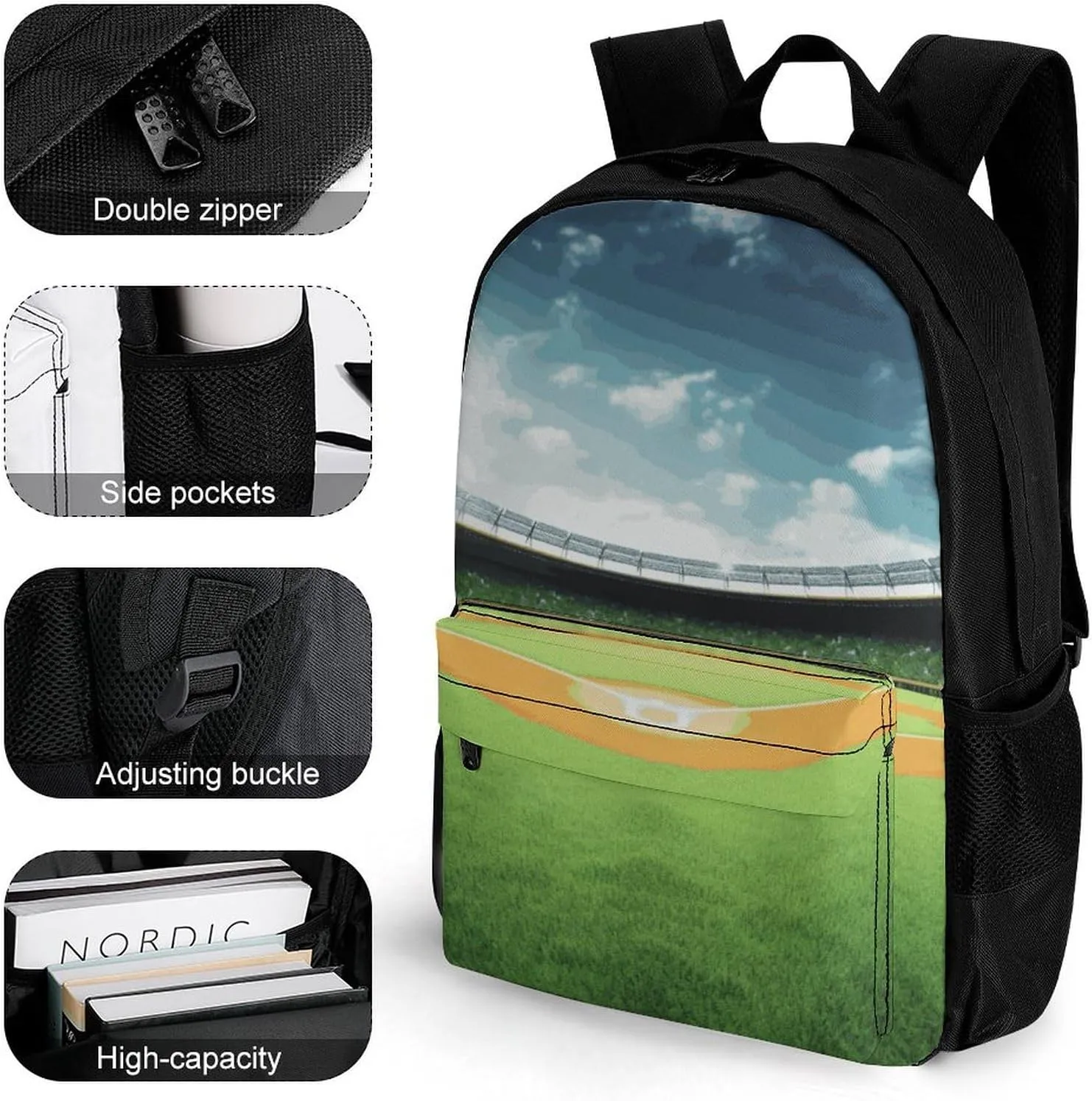 Laptop Backpack for Women Men Daypack Green Baseball Field Backdrop Backpacks Computer Bag Travel Laptop Bag Casual Work Bag