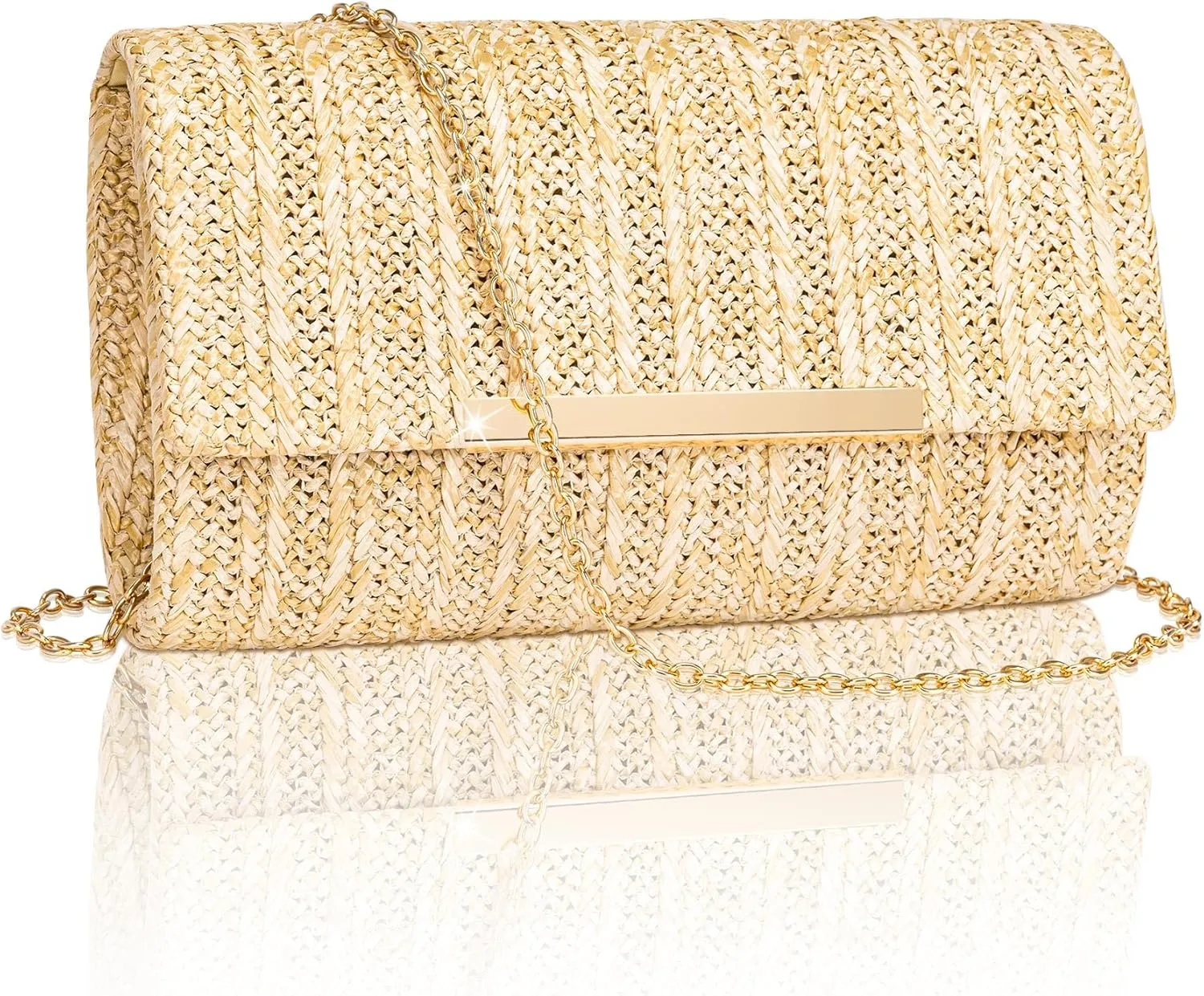 Larcenciel Straw Clutch Purse for Women, Summer Woven Beach Evening Bags w/Chain, Boho Envelope Party Bags, Fashion Crossbody Shoulder Handbags for Wedding Prom Cocktail Night Vacation,8.7x2.2x5.2inch