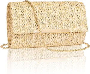 Larcenciel Straw Clutch Purse for Women, Summer Woven Beach Evening Bags w/Chain, Boho Envelope Party Bags, Fashion Crossbody Shoulder Handbags for Wedding Prom Cocktail Night Vacation,8.7x2.2x5.2inch