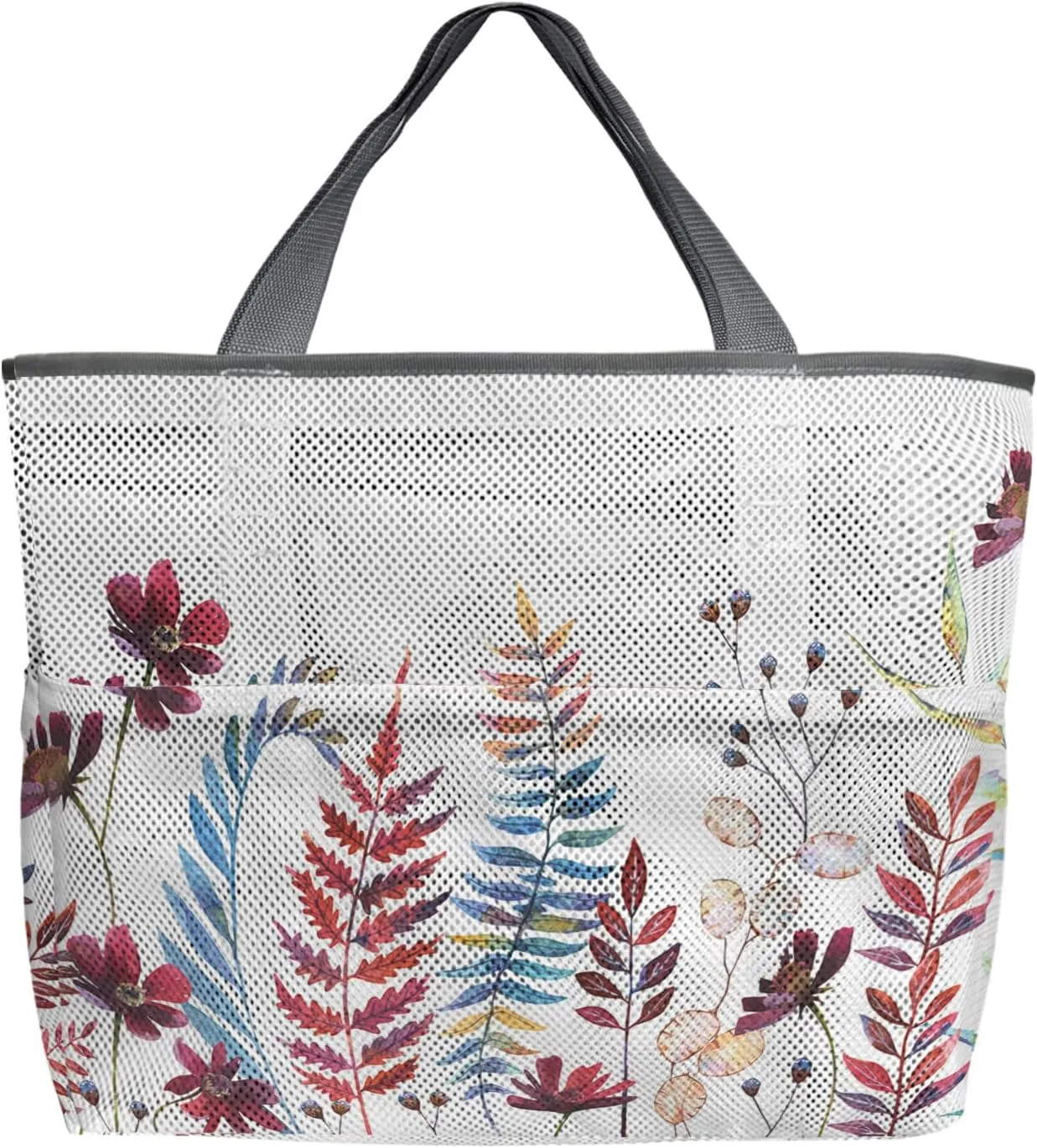 Large Beach Bag for Women, Fall Botanical Mesh Beach Tote with Pockets, Watercolor Autumn Pastoral Flowers Travel Toy Bag for Toys, Towel, Flip Flops
