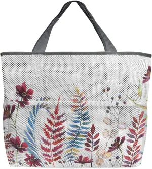 Large Beach Bag for Women, Fall Botanical Mesh Beach Tote with Pockets, Watercolor Autumn Pastoral Flowers Travel Toy Bag for Toys, Towel, Flip Flops