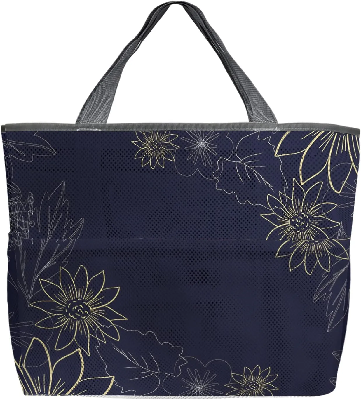 Large Beach Bag for Women, Spring Floral Mesh Beach Tote with Pockets, Black Pastoral Leaves Botanical Flowers Travel Toy Bag for Toys, Towel, Flip Flops