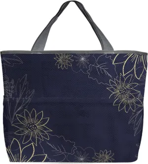 Large Beach Bag for Women, Spring Floral Mesh Beach Tote with Pockets, Black Pastoral Leaves Botanical Flowers Travel Toy Bag for Toys, Towel, Flip Flops
