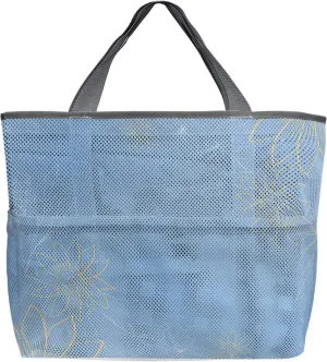 Large Beach Bag for Women, Spring Floral Mesh Beach Tote with Pockets, Blue Pastoral Leaves Botanical Flowers Travel Toy Bag for Toys, Towel, Flip Flops