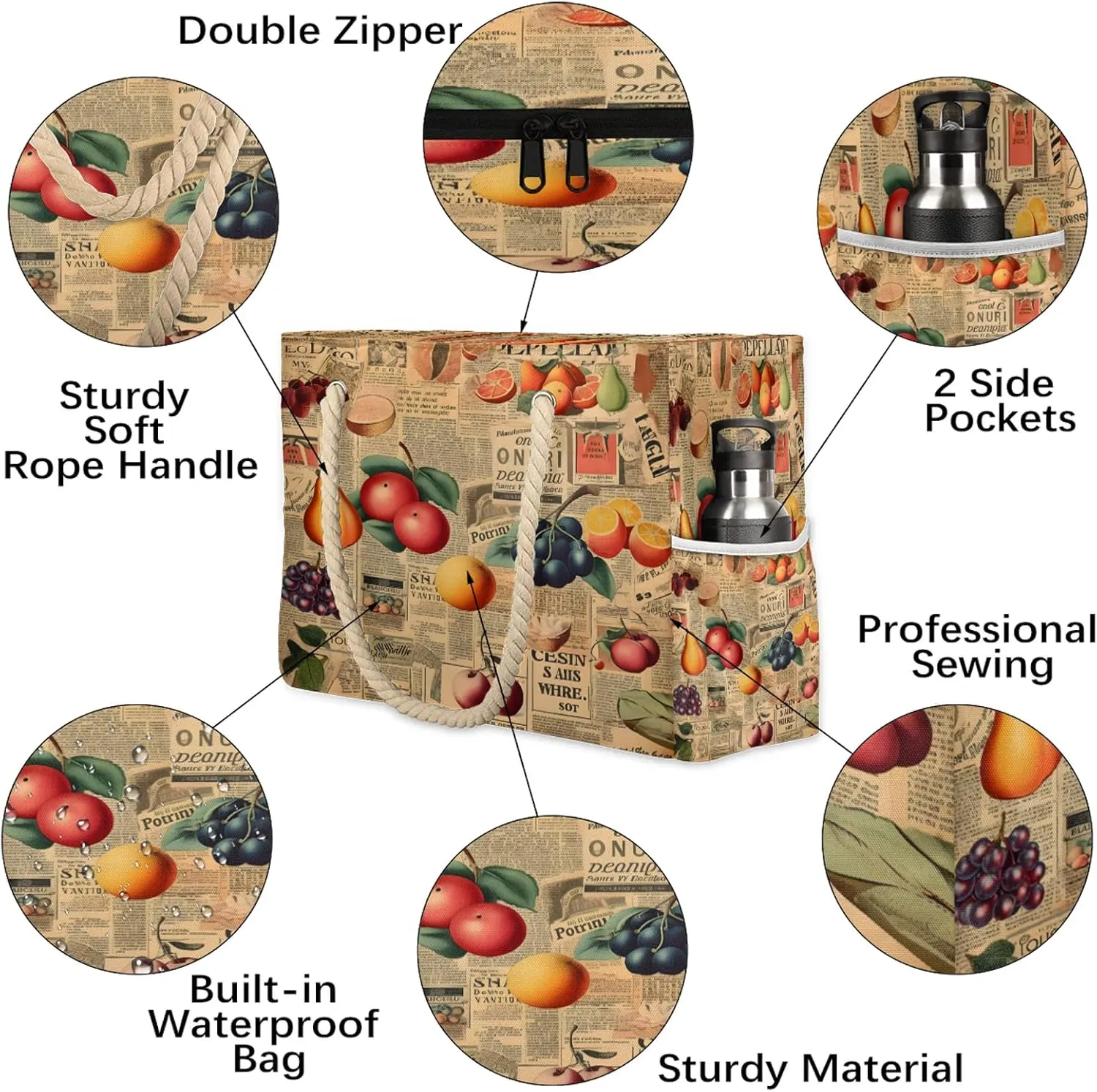 Large Beach Bags for Women and Men, Waterproof Tote with Zipper, Reusable Grocery Shopping Shoulder Bag