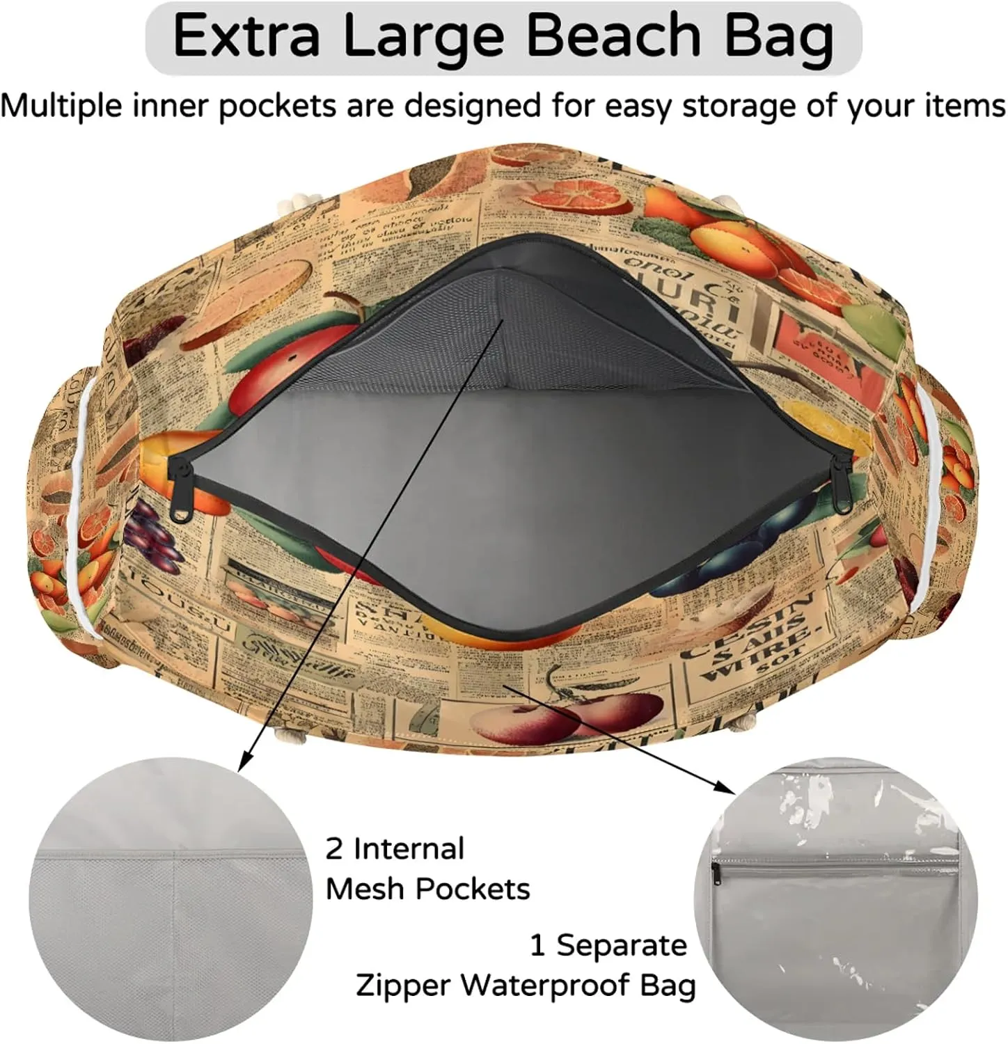 Large Beach Bags for Women and Men, Waterproof Tote with Zipper, Reusable Grocery Shopping Shoulder Bag