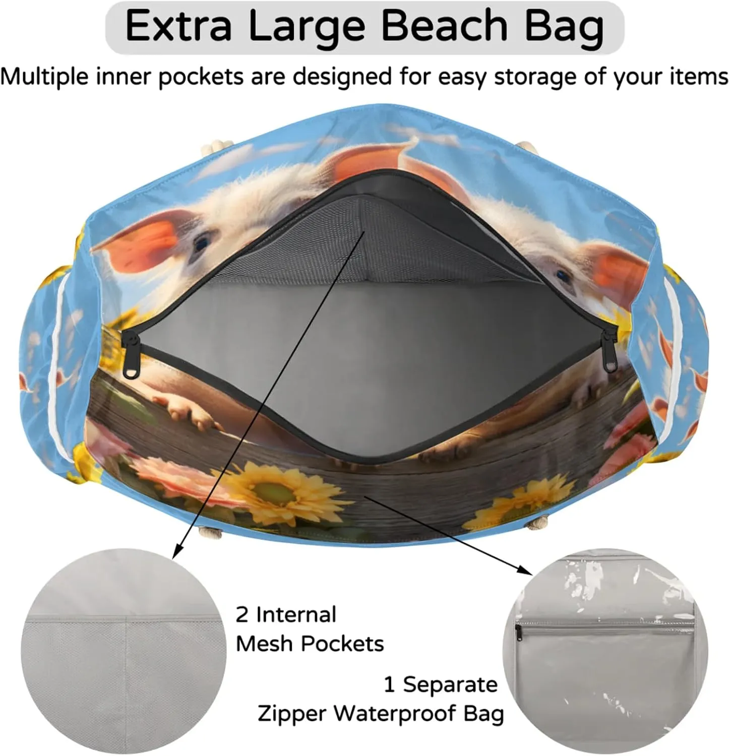 Large Beach Bags for Women and Men, Waterproof Tote with Zipper, Reusable Grocery Shopping Shoulder Bag