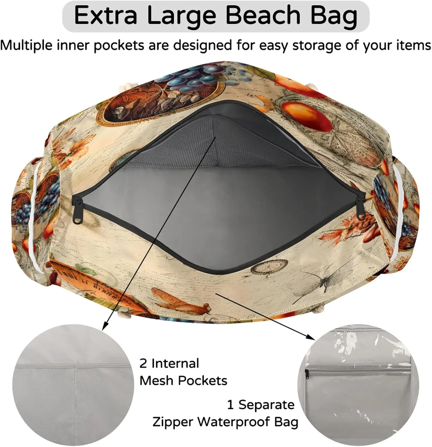 Large Beach Bags for Women and Men, Waterproof Tote with Zipper, Reusable Grocery Shopping Shoulder Bag