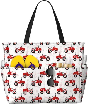 Large Beach Bags Water-resistant Sandproof - Red Wheeled Tractors Cute Beach Tote Bags for Women with Zipper