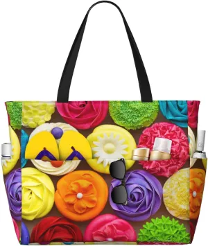 Large Beach Tote Bag for Women Extra Large Capacity Waterproof Sandproof Pool Bag Suitable for Swimming Pool Gym Travel Groceries Brightly Colored Cupcakes