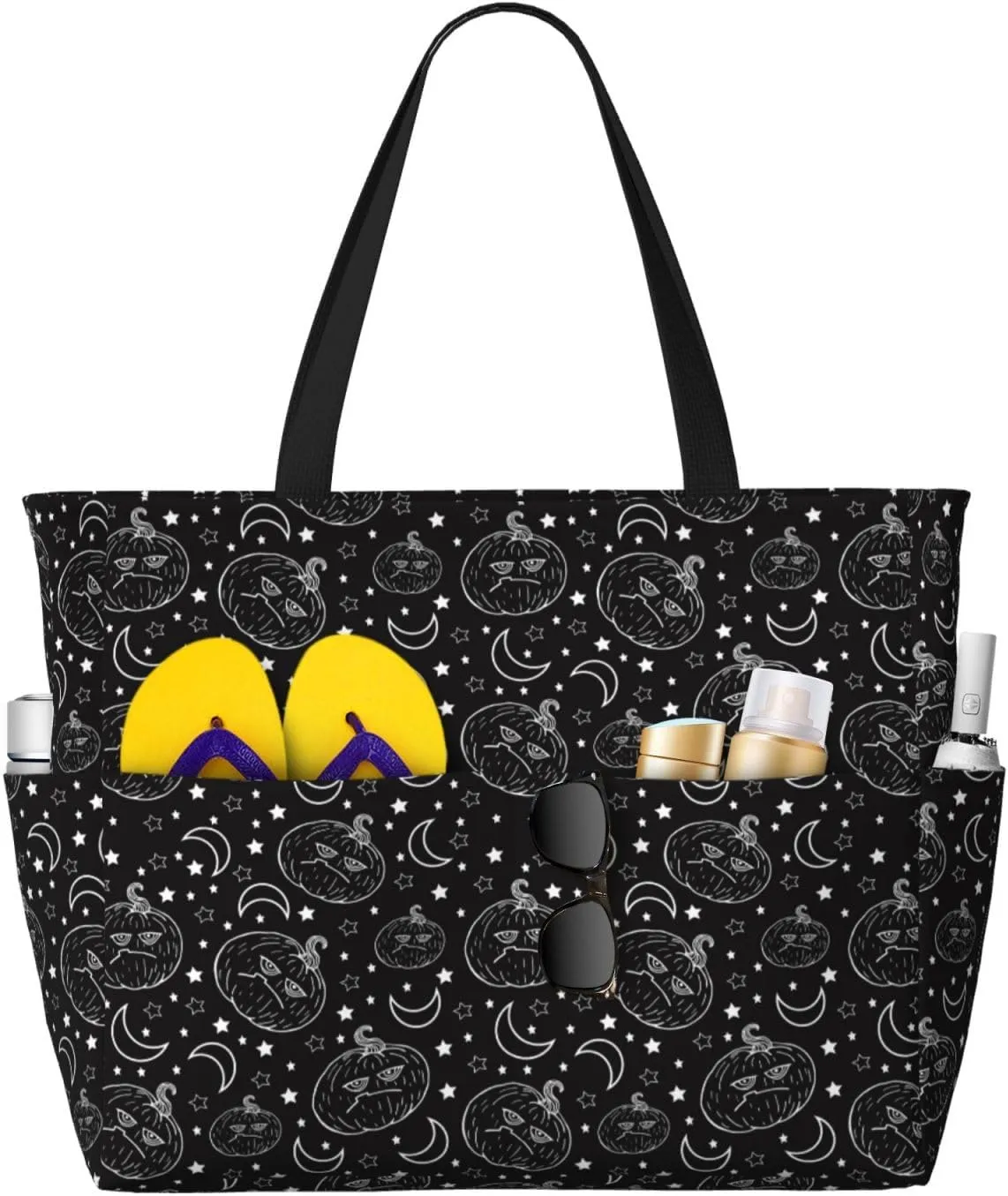 Large Beach Tote Bag for Women Extra Large Capacity Waterproof Sandproof Pool Bag Suitable for Swimming Pool Gym Travel Groceries Halloween Moody Pumpkin