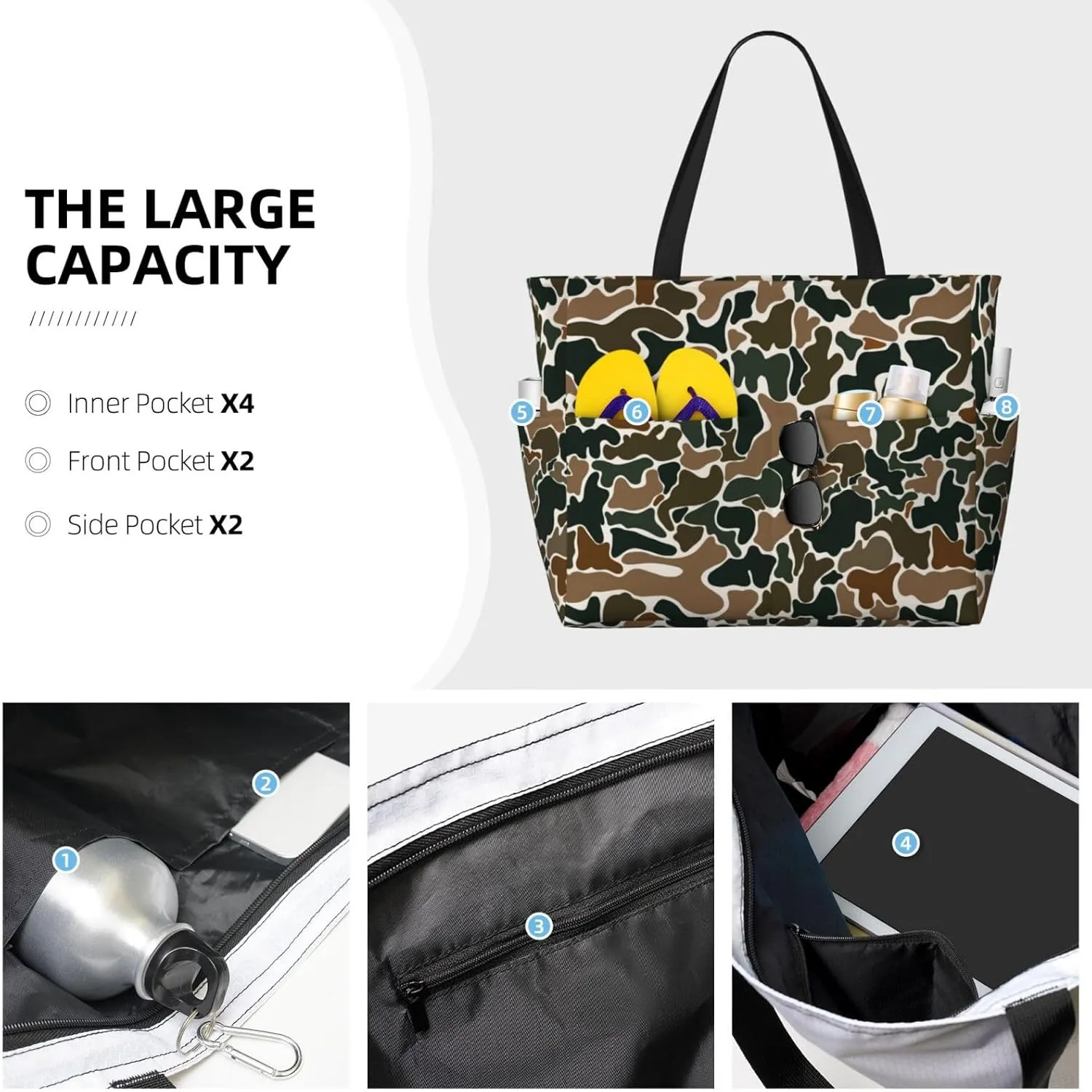 Large Beach Tote Bag Women Waterproof Sandproof Zipper Beach Bag with Side Pocket for Pool Gym