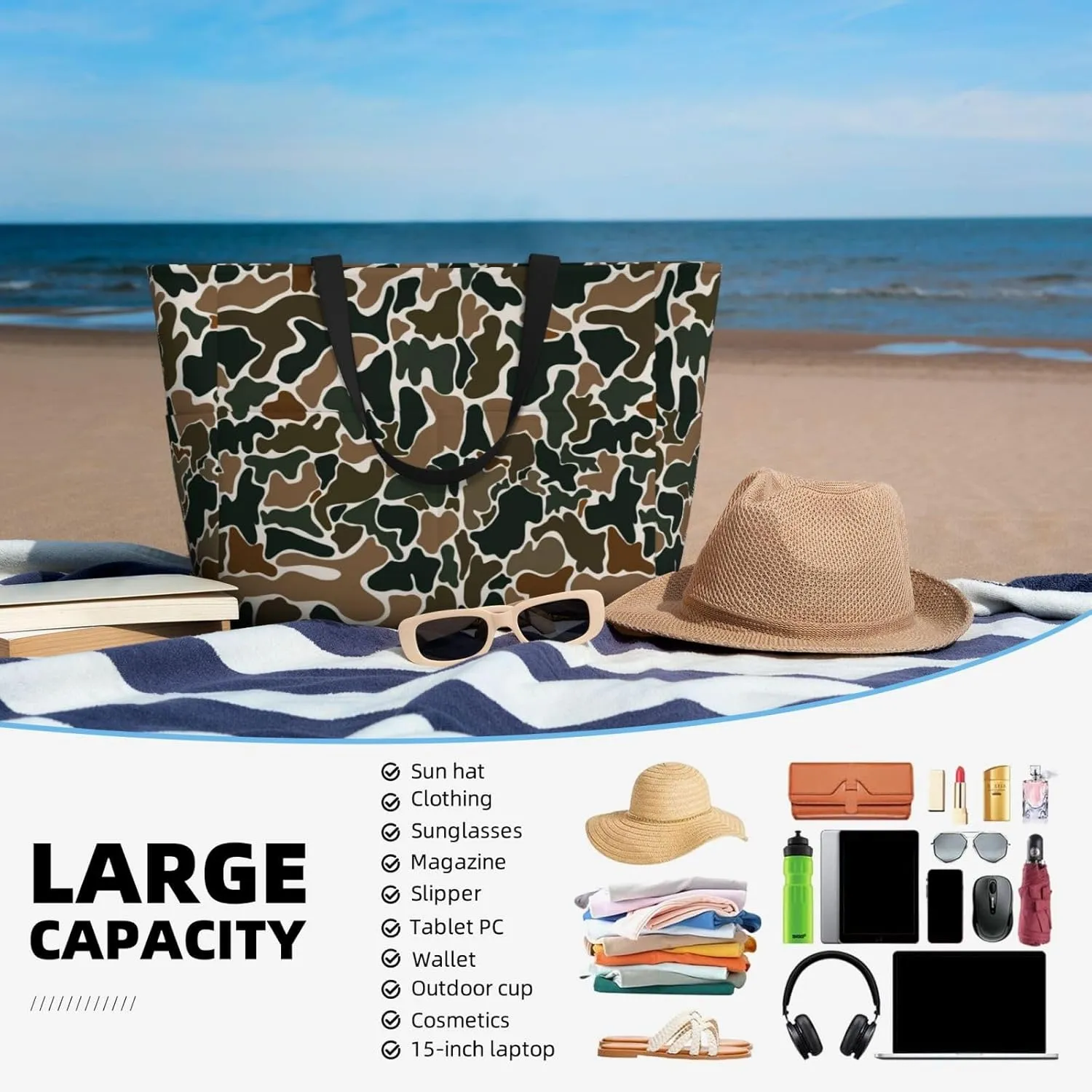 Large Beach Tote Bag Women Waterproof Sandproof Zipper Beach Bag with Side Pocket for Pool Gym