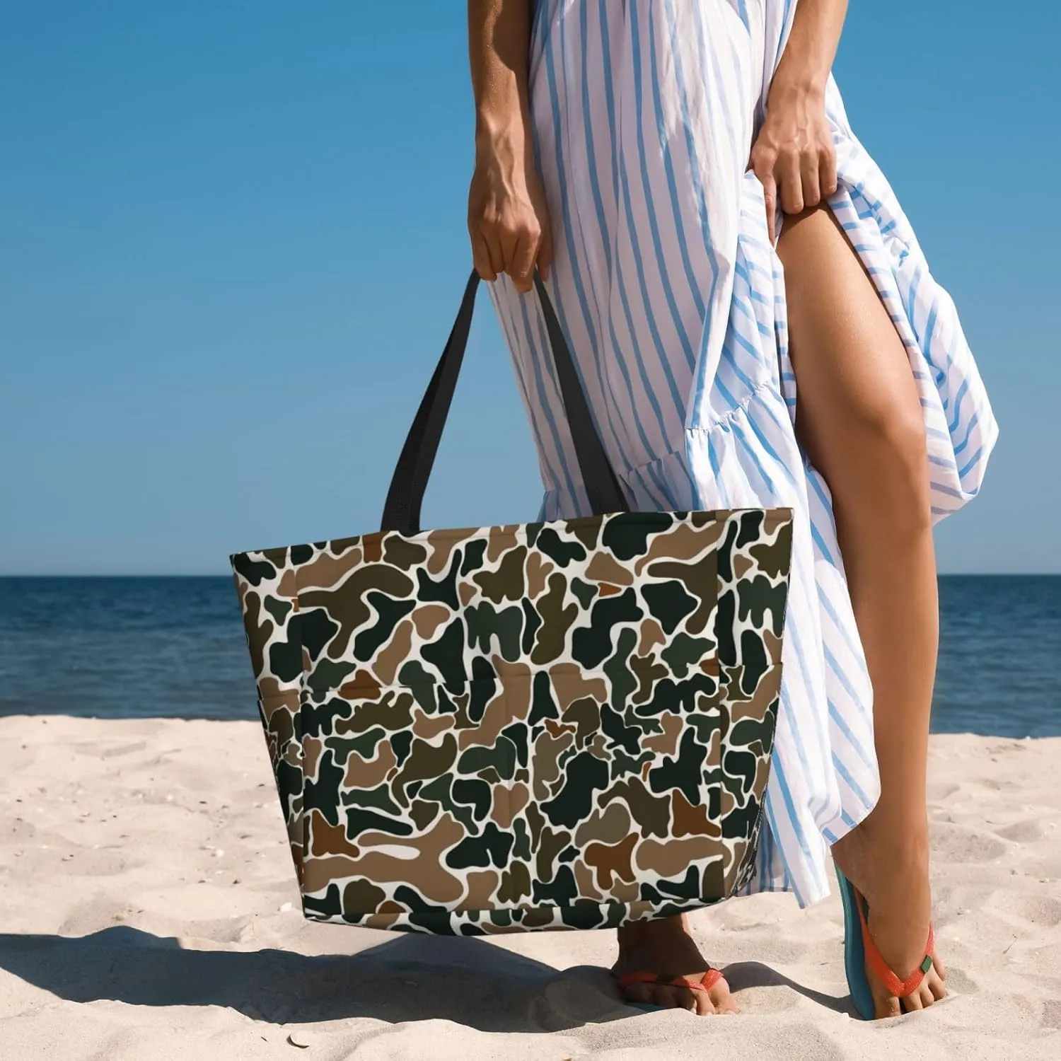 Large Beach Tote Bag Women Waterproof Sandproof Zipper Beach Bag with Side Pocket for Pool Gym