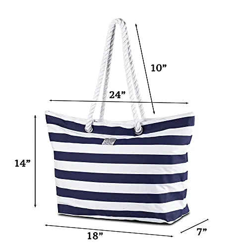 Large Canvas Striped Beach Bag - Top Zipper Closure - Waterproof Lining - Tote Shoulder Bag For Gym Beach Travel (dark navy)