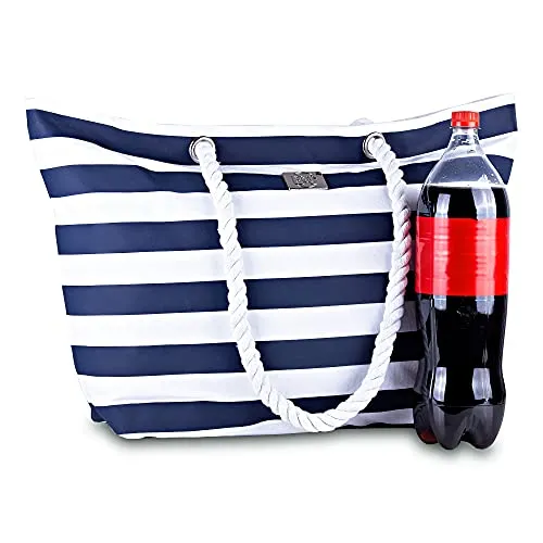 Large Canvas Striped Beach Bag - Top Zipper Closure - Waterproof Lining - Tote Shoulder Bag For Gym Beach Travel (dark navy)