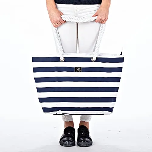Large Canvas Striped Beach Bag - Top Zipper Closure - Waterproof Lining - Tote Shoulder Bag For Gym Beach Travel (dark navy)