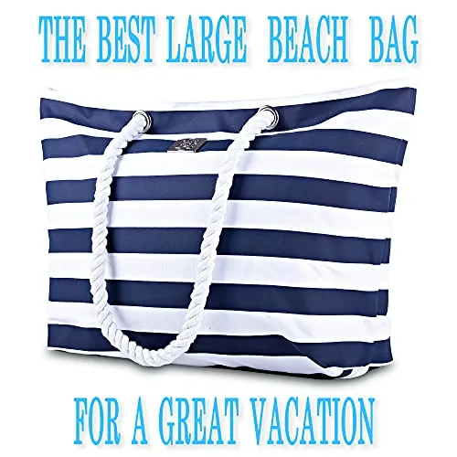 Large Canvas Striped Beach Bag - Top Zipper Closure - Waterproof Lining - Tote Shoulder Bag For Gym Beach Travel (dark navy)
