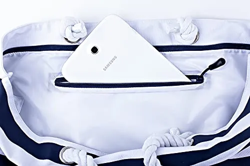 Large Canvas Striped Beach Bag - Top Zipper Closure - Waterproof Lining - Tote Shoulder Bag For Gym Beach Travel (dark navy)