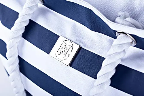 Large Canvas Striped Beach Bag - Top Zipper Closure - Waterproof Lining - Tote Shoulder Bag For Gym Beach Travel (dark navy)