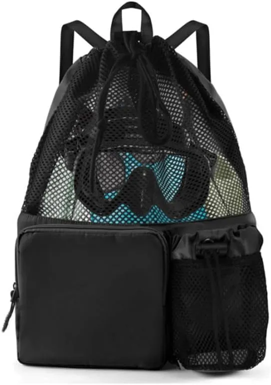 Large Capacity Mesh Swim Backpack with Pocket Drawstring, Waterproof Beach Bag for Swimming, Gym, and Workout Gear (Black)