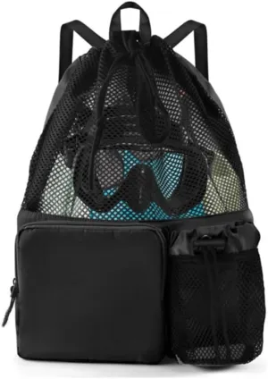Large Capacity Mesh Swim Backpack with Pocket Drawstring, Waterproof Beach Bag for Swimming, Gym, and Workout Gear (Black)