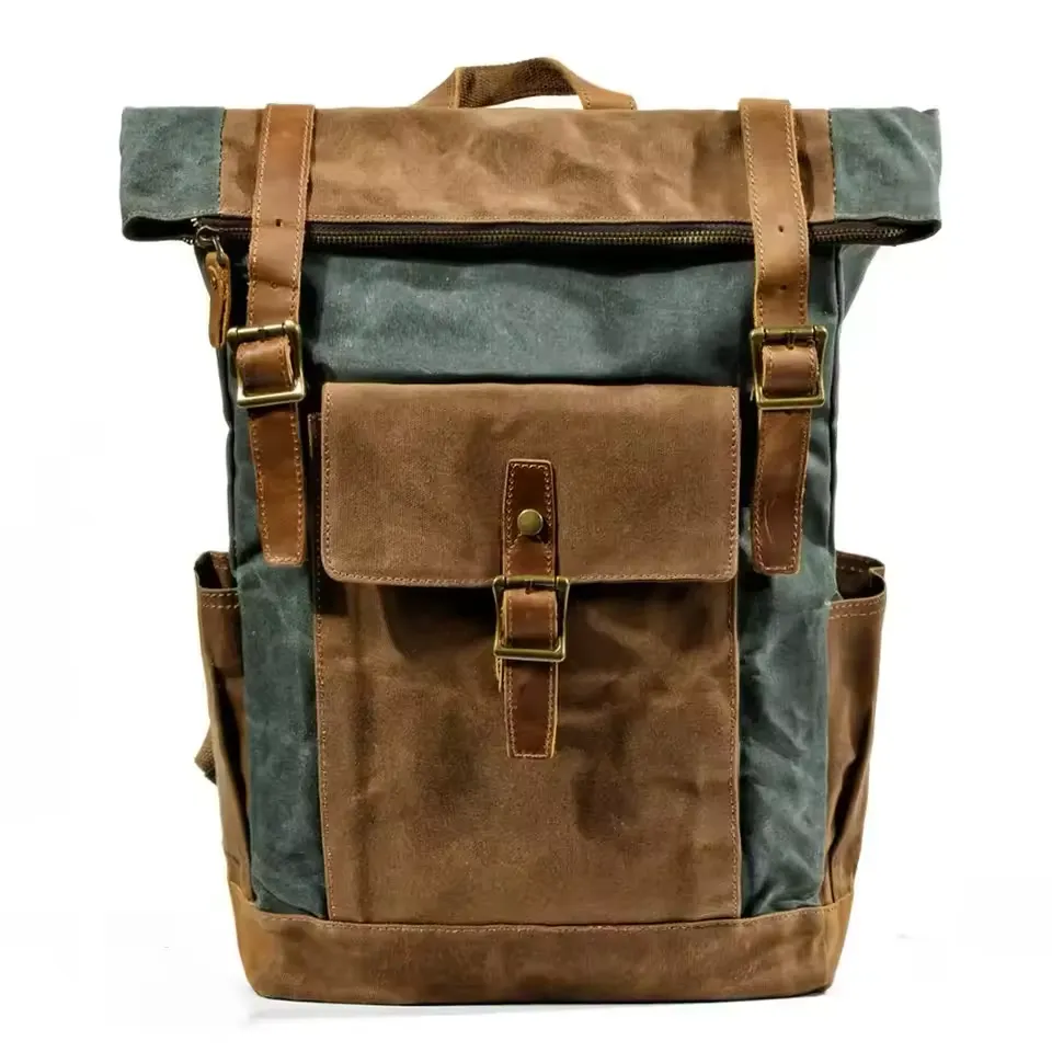 Large Capacity Vintage Canvas Waterproof Genuine Leather Backpack