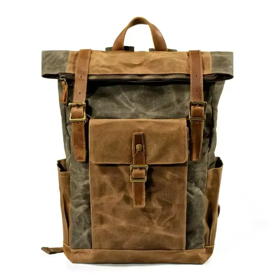 Large Capacity Vintage Canvas Waterproof Genuine Leather Backpack
