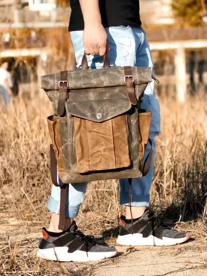 Large Capacity Vintage Canvas Waterproof Genuine Leather Backpack