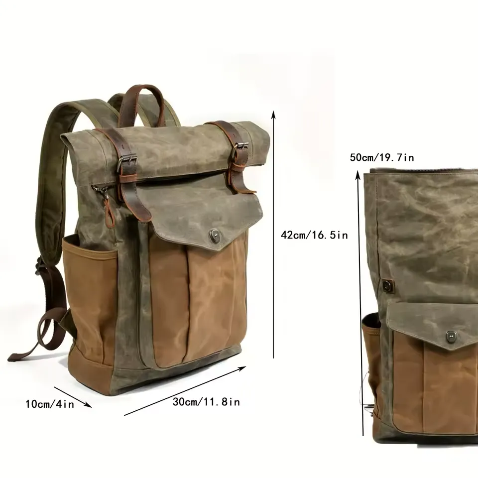 Large Capacity Vintage Canvas Waterproof Genuine Leather Backpack
