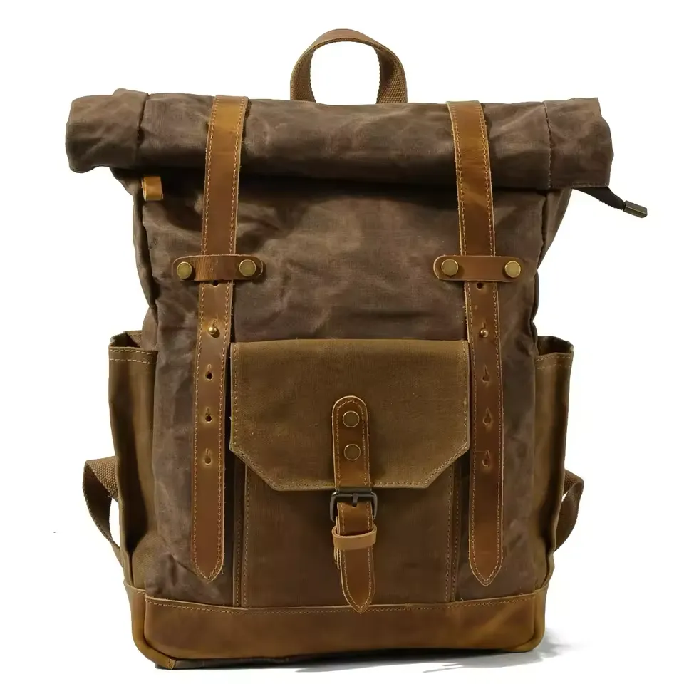 Large Capacity Vintage Canvas Waterproof Genuine Leather Backpack