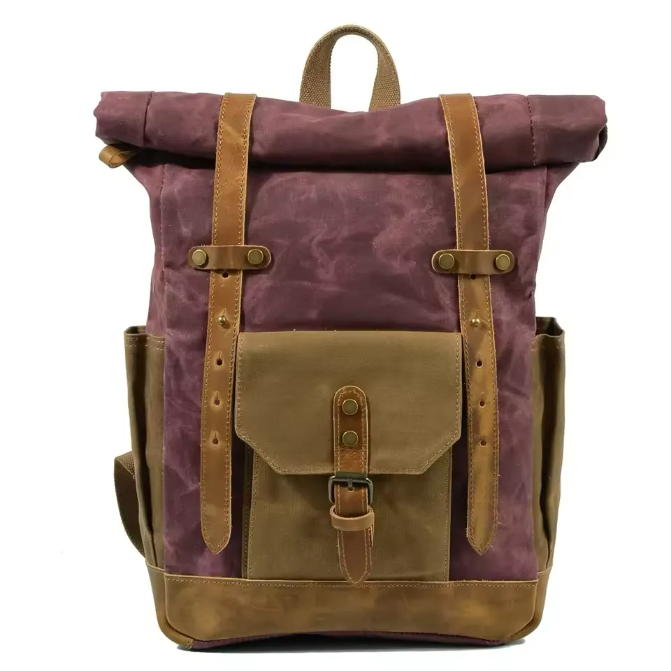 Large Capacity Vintage Canvas Waterproof Genuine Leather Backpack