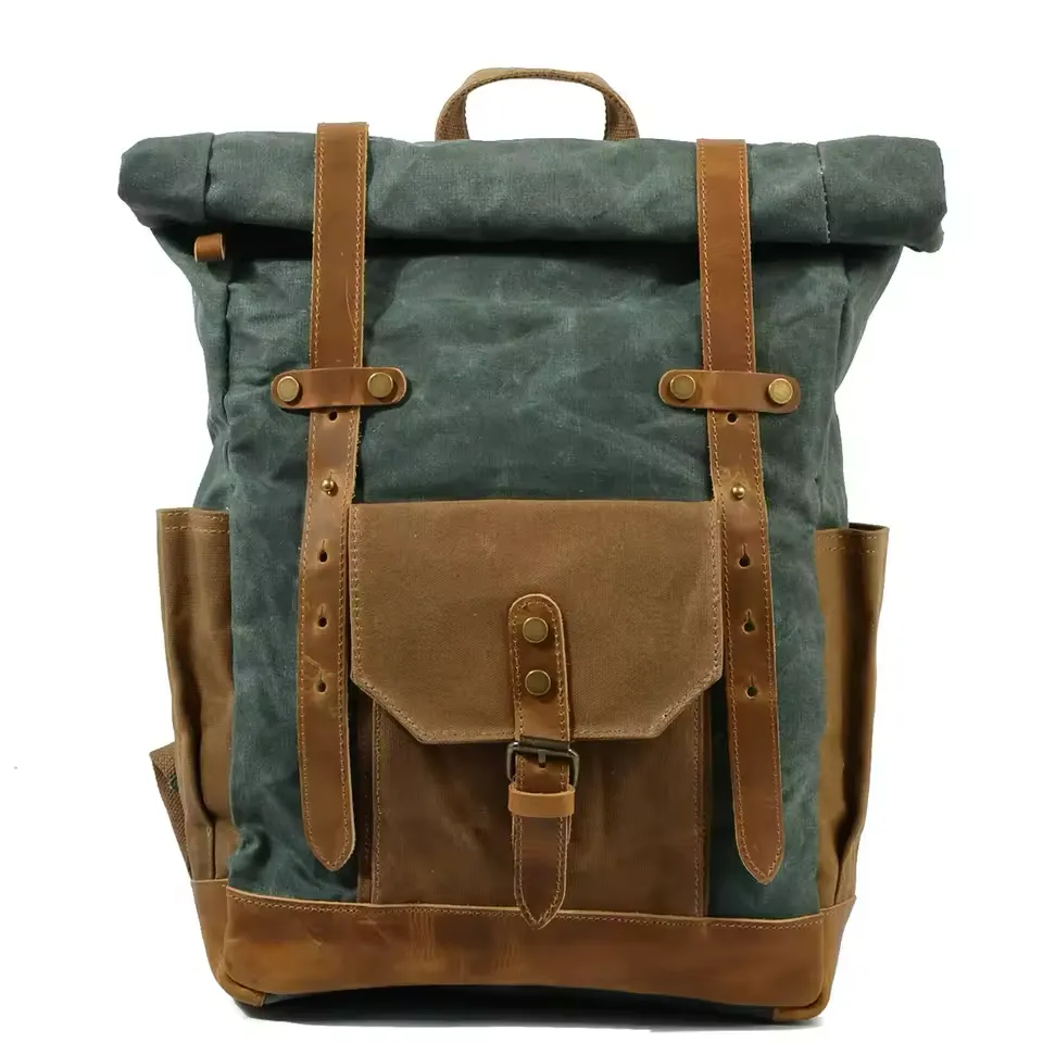 Large Capacity Vintage Canvas Waterproof Genuine Leather Backpack