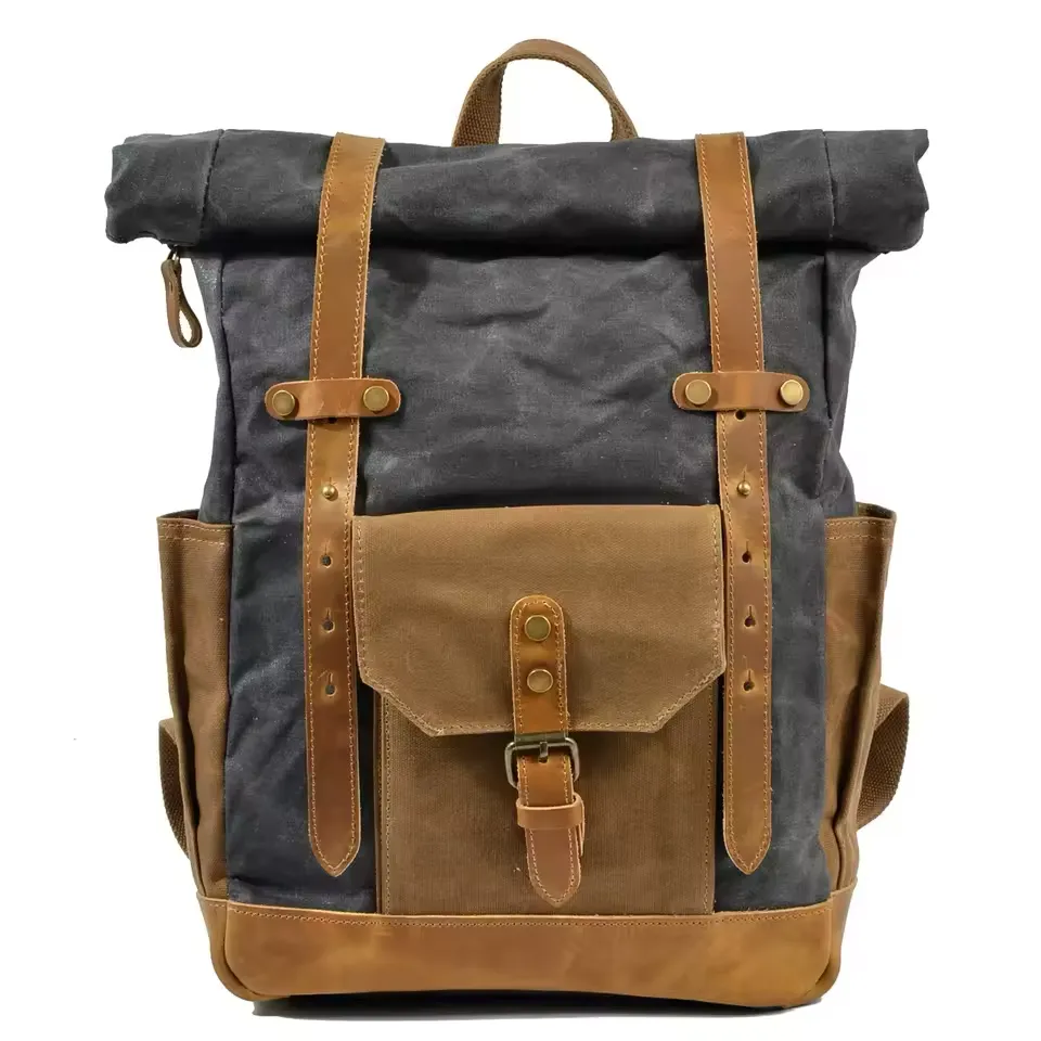 Large Capacity Vintage Canvas Waterproof Genuine Leather Backpack