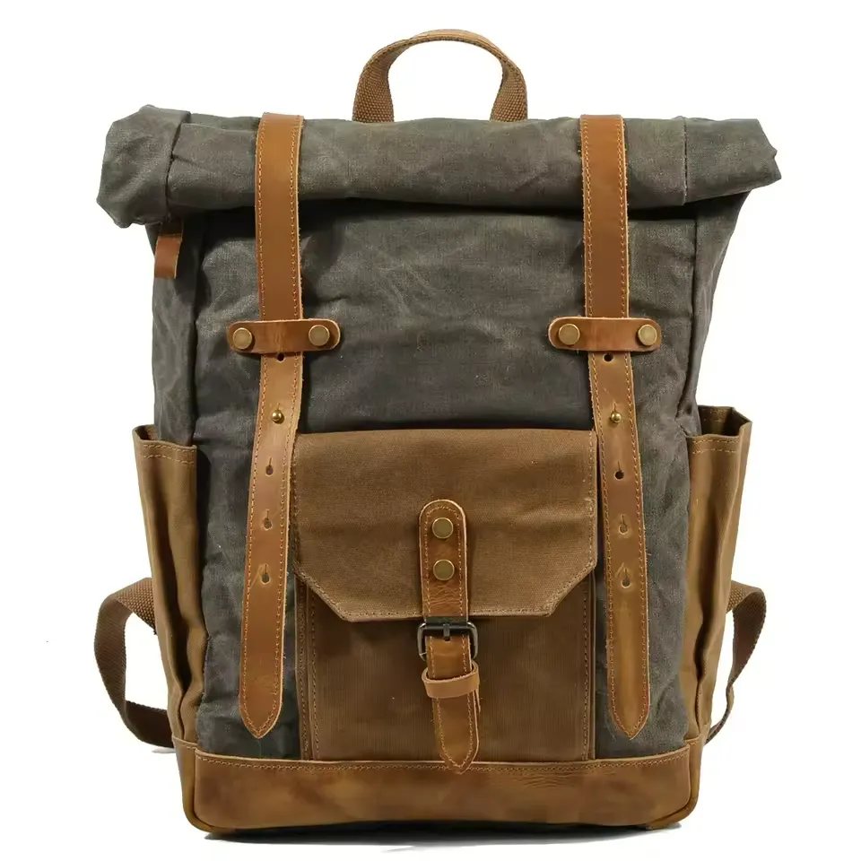 Large Capacity Vintage Canvas Waterproof Genuine Leather Backpack