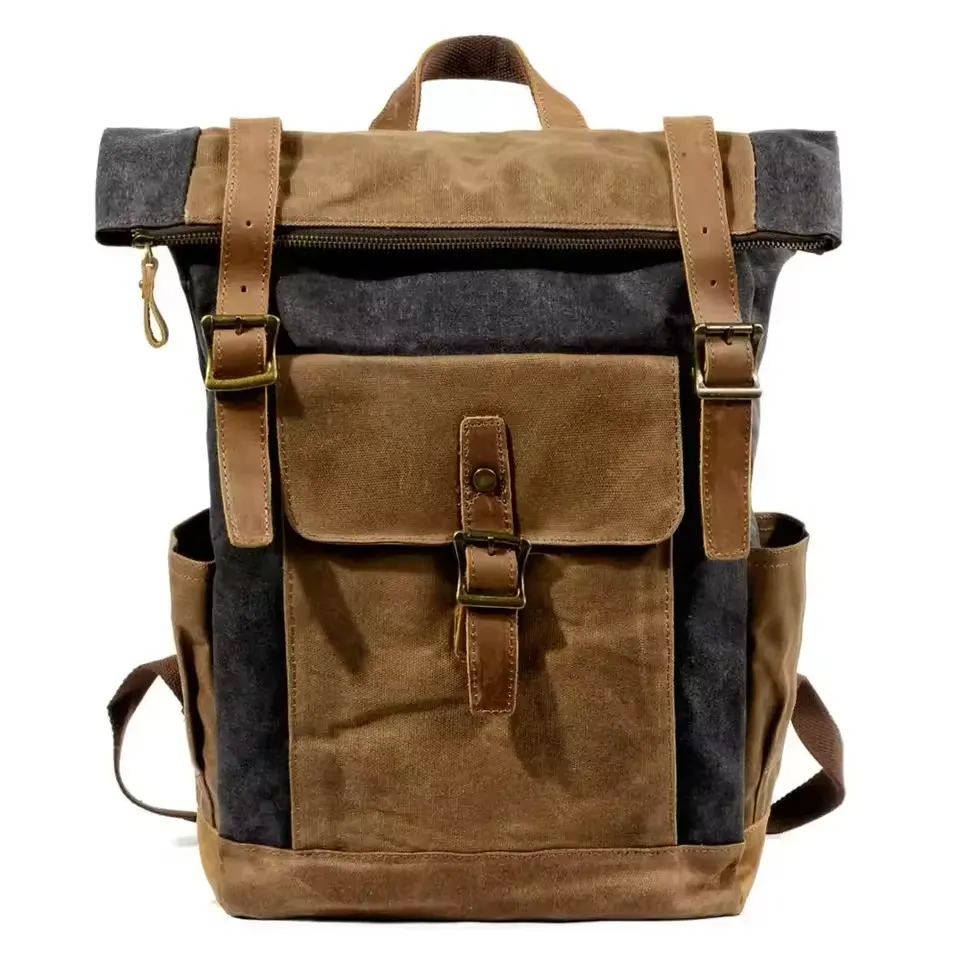 Large Capacity Vintage Canvas Waterproof Genuine Leather Backpack