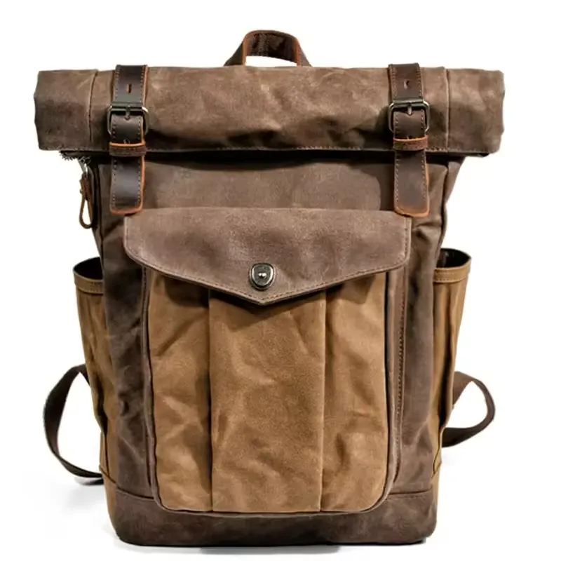Large Capacity Vintage Canvas Waterproof Genuine Leather Backpack
