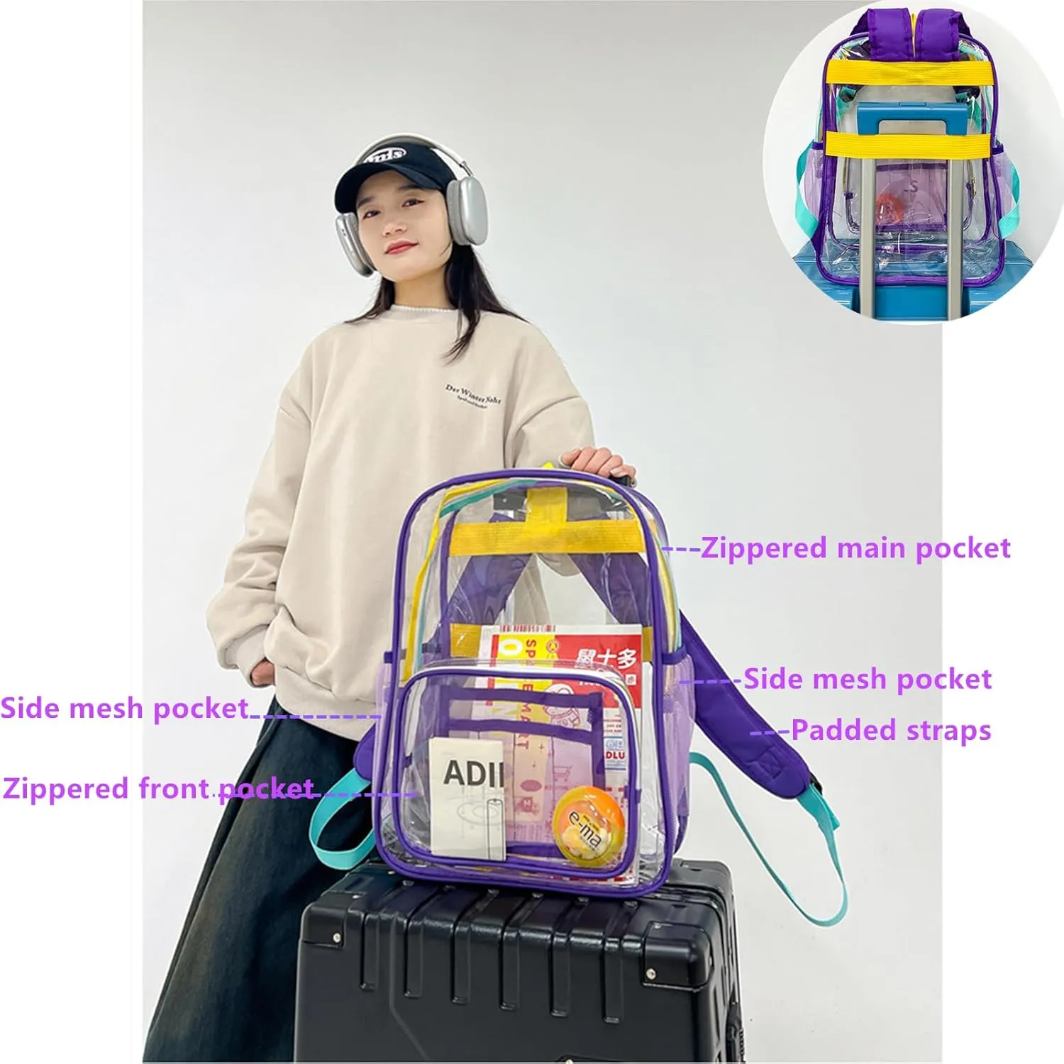 Large Clear Backpack PVC Plastic Backpack Durable Transparent Bookbag See Through Plastic college Work Bag (purple)