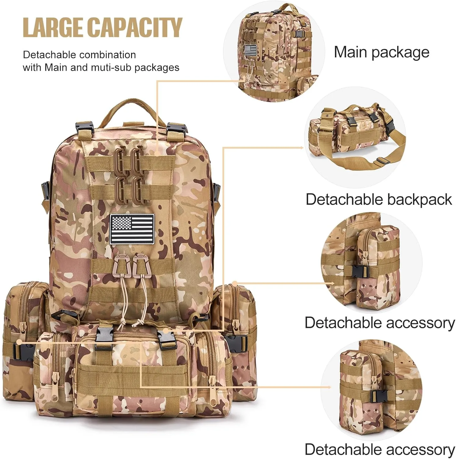 Large Military Tactical Backpack for Men, 40-50L Backpacks for Women, Bug out Bag Army 3 Days Assault Pack Bags Rucksack with Molle System Cp
